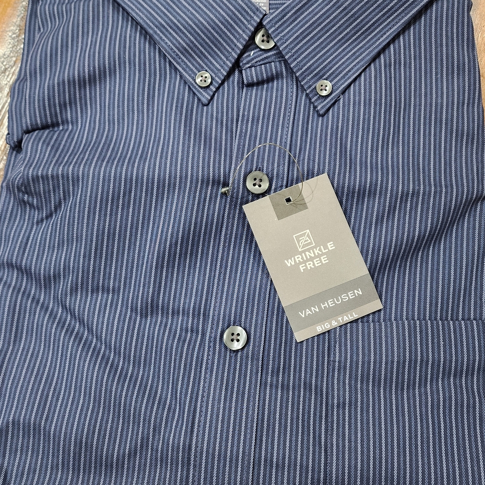 Van Heusen Dress Shirt Men's 2XL 18-18.5 (34/35) Blue Stripe Fitted Wrinkle Free